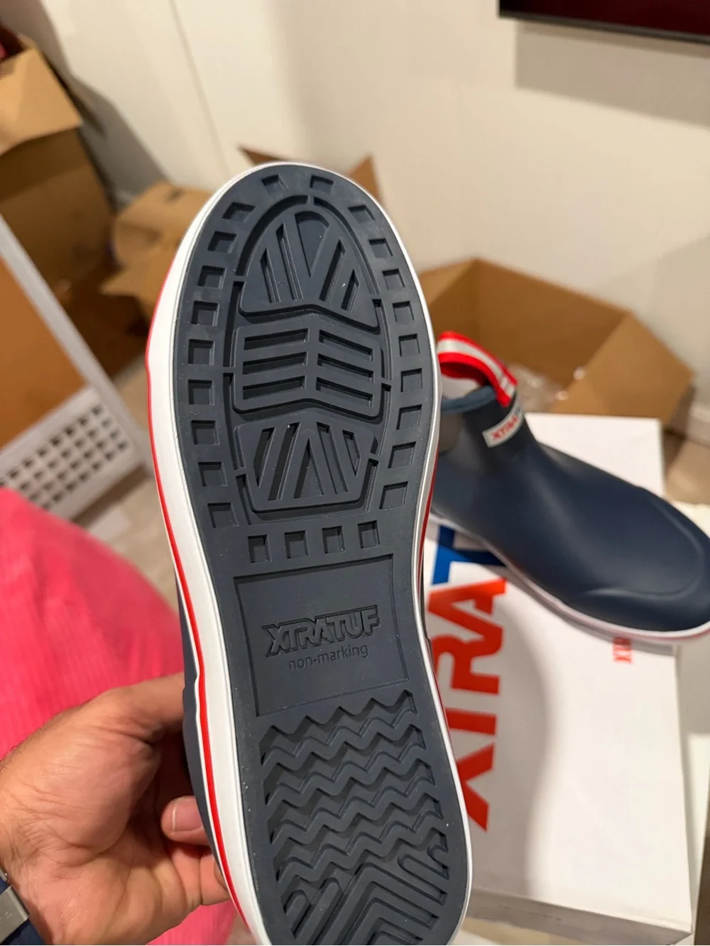 XTRATUF Navy Ankle Rain Boots with Red Pull Tabs